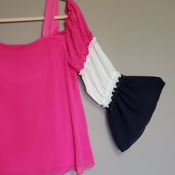 COCO BIANCO TRI-COLORED COLD SHOULDER BLOUSE - Picture 2 of 8